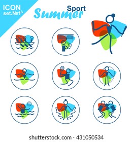 Vector flat concept design. Summer sports icons set, simple line. Canoeing, Volleyball, Rhythmic Gymnastics, Tennis, Gymnastics artistic, Waterpolo, Boxing. Isolated on white background, black, blue