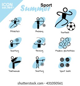 Vector flat concept design. Summer sports icons set, simple line. Athletics, Archery, Football, Shooting, Fencing, Modern Pentathlon, Taekwondo, Sport balls. Isolated on white background, black, blue