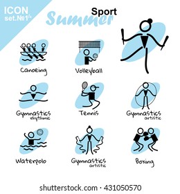 Vector flat concept design. Summer sports icons set, simple line. Canoeing, Volleyball, Rhythmic Gymnastics, Tennis, Gymnastics artistic, Waterpolo, Boxing. Isolated on white background, black, blue