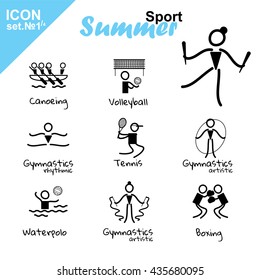 Vector flat concept design. Summer sports icons set, simple line. Canoeing, Volleyball, Rhythmic Gymnastics, Tennis, Gymnastics artistic, Waterpolo, Boxing. Isolated on white background, black, blue