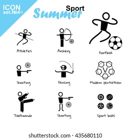 Vector flat concept design. Summer sports icons set, simple line. Athletics, Archery, Football, Shooting, Fencing, Modern Pentathlon, Taekwondo, Sport balls. Isolated on white background, black, blue