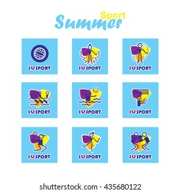 Vector flat concept design. Summer sports square icons set. Canoeing, Volleyball, Rhythmic Gymnastics, Tennis, Gymnastics artistic, Waterpolo, Boxing. Good for postmarks, stamps, stickers