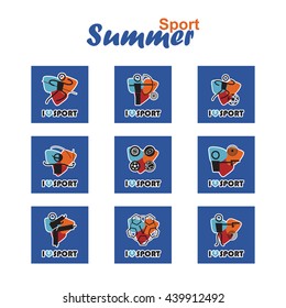 Vector flat concept design. Summer sports square icons set, simple line. Athletics, Archery, Football, Shooting, Fencing, Modern Pentathlon, Taekwondo, Sport balls. Good for postmarks, stamps, sticker