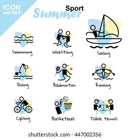 Vector flat concept design. Summer sports icons set, simple line. Swimming, Wrestling, Sailing, Diving, Badminton, Rowing, Cycling, Basketball, Table tennis. Isolated on white background, black, blue