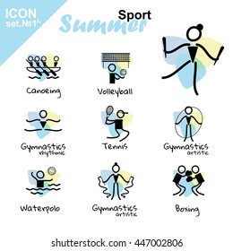 Vector flat concept design. Summer sports icons set, simple line. Canoeing, Volleyball, Rhythmic Gymnastics, Tennis, Gymnastics artistic, Waterpolo, Boxing. Isolated on white background, black, blue