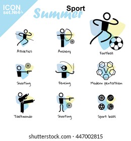 Vector flat concept design. Summer sports icons set, simple line. Athletics, Archery, Football, Shooting, Fencing, Modern Pentathlon, Taekwondo, Sport balls. Isolated on white background, black, blue