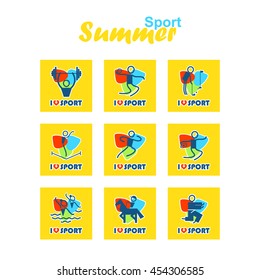 Vector flat concept design. Summer sports square icons set. Trampolining, Synchronized swimming, Equestrian, Judo, Athletics, Weightlifting, Rugby sevens, Golf. Good for postmarks, stamps, stickers