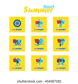 Vector flat concept design. Summer sports square icons set. Canoeing, Volleyball, Rhythmic Gymnastics, Tennis, Gymnastics artistic, Waterpolo, Boxing. Good for postmarks, stamps, stickers