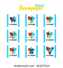 Vector flat concept design. Summer sports square icons set. Trampolining, Synchronized swimming, Equestrian, Judo, Athletics, Weightlifting, Rugby sevens, Golf. Good for postmarks, stamps, stickers