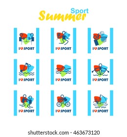 Vector flat concept design. Summer sports square icons set. Swimming, Wrestling, Sailing, Diving, Badminton, Rowing, Cycling, Basketball, Table tennis. Good for postmarks, stamps, stickers