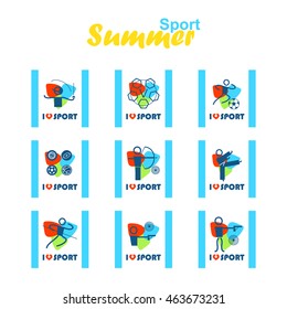 Vector flat concept design. Summer sports square icons set, simple line. Athletics, Archery, Football, Shooting, Fencing, Modern Pentathlon, Taekwondo, Sport balls. Good for postmarks, stamps, sticker