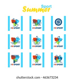 Vector flat concept design. Summer sports square icons set. Canoeing, Volleyball, Rhythmic Gymnastics, Tennis, Gymnastics artistic, Waterpolo, Boxing. Good for postmarks, stamps, stickers