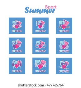 Vector flat concept design. Summer sports square icons set. Swimming, Wrestling, Sailing, Diving, Badminton, Rowing, Cycling, Basketball, Table tennis. Good for postmarks, stamps, stickers