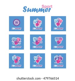 Vector flat concept design. Summer sports square icons set. Canoeing, Volleyball, Rhythmic Gymnastics, Tennis, Gymnastics artistic, Waterpolo, Boxing. Good for postmarks, stamps, stickers