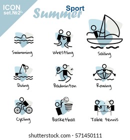 Vector flat concept design. Summer sports icons set, simple line. Swimming, Wrestling, Sailing, Diving, Badminton, Rowing, Cycling, Basketball, Table tennis. Isolated on white background, black, blue