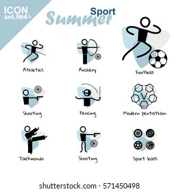 Vector flat concept design. Summer sports icons set, simple line. Athletics, Archery, Football, Shooting, Fencing, Modern Pentathlon, Taekwondo, Sport balls. Isolated on white background, black, blue