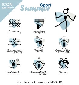 Vector flat concept design. Summer sports icons set, simple line. Canoeing, Volleyball, Rhythmic Gymnastics, Tennis, Gymnastics artistic, Waterpolo, Boxing. Isolated on white background, black, blue