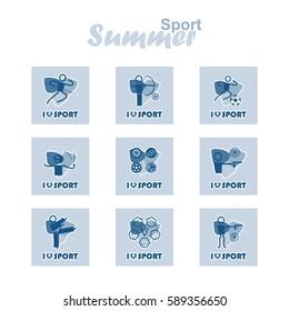 Vector flat concept design. Summer sports square icons set, simple line. Athletics, Archery, Football, Shooting, Fencing, Modern Pentathlon, Taekwondo, Sport balls. Good for postmarks, stamps, sticker