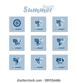 Vector flat concept design. Summer sports square icons set. Canoeing, Volleyball, Rhythmic Gymnastics, Tennis, Gymnastics artistic, Waterpolo, Boxing. Good for postmarks, stamps, stickers 