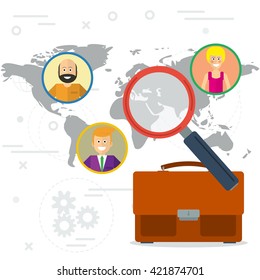 Vector flat concept employees search. Bag for documents and zoom magnifying glass picking business person around a world. Web infographics