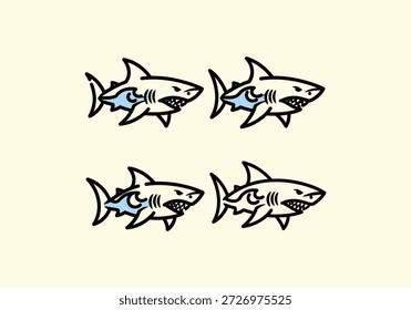 Vector Flat Concept Vier stilisierte Cartoon-Haie mit scharfen Zähnen und blauen Wellenmustern.