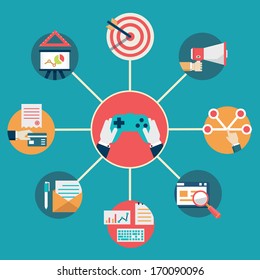 Vector flat concept of gamification in business. Management and commerce - vector illustration