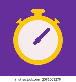 Vector flat concept with gold stop watch on purple background. Minimalistic illistration with logo of timer as symbol deadline, speed and accuracy on sportive competitions. Clipart sport collection