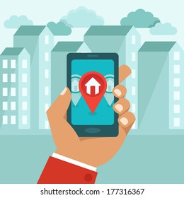 Vector flat concept - hand holding mobile phone with gps app on the screen - searching for a house