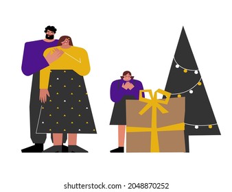 Vector flat concept of happy Caucasian family with father, mother, child staying near decorated xmas tree and big gift box in craft paper. Celebration of Christmas holiday and presents unpacking