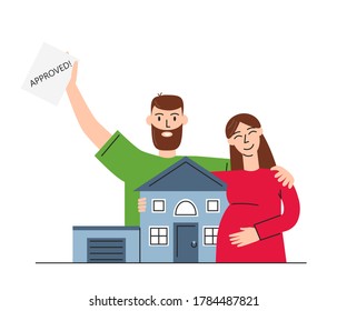 Vector flat concept illustration of mortgage isolated. Happy family buying house with bank credit. Abstract ownership agreement and house purchase. Couple received letter that approved to buy property