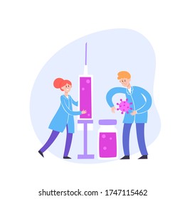 Vector flat concept illustration of tiny woman holding big syringe and little man with virus and big bottle of vaccine in neon color
