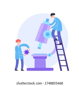 Vector flat concept illustration of tiny man holding virus and researcher standing on stairs looking through microscope in neon color