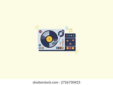 Vector Flat Concept Ilustración vectorial plana de un tocadiscos y mezclador con ondas de sonido.
