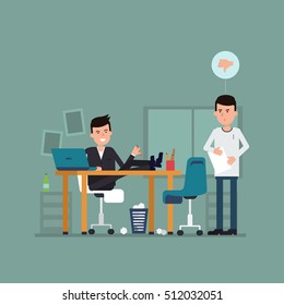 Vector flat concept of interview on a bad job. Illustration with surprised jobseeker and irresponsible employer. Bad impression. Thumbs down! Concept with working situation, recruitment or hiring.