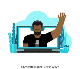 Vector flat concept with laptop and african american man (on screen) at home recordind video on webcam. Remote work by bloggers, podcast hosts, teachers using online stream servises in quarantine