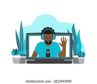 Vector flat concept with laptop and african american man (on screen) at home recording video on webcam. Remote work by bloggers, podcast hosts, teachers using online stream services in quarantine time