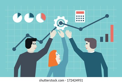 Vector Flat Concept Of Management, Human Resources And Teamwork. Workforce And Development - Vector Illustration