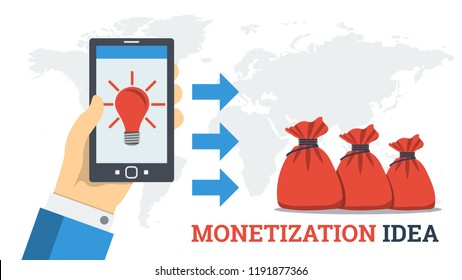 Vector flat concept of monetization idea. Creative lamp on mobile screen and profit as money in bags. New way of monetization, withdrawal of electronic money, coins