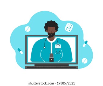 Vektor-Einzelflachkonzept. Online-Beratung und Diagnose durch den Arzt. Videoanruf auf dem Computer. Afrikanischer Amerikaner in medizinischem Kleid gekleidet. Telehealth von einem Arzt, der bei der Wahl der Arzneimittel hilft