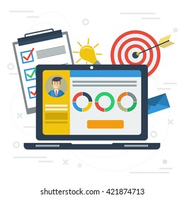 Vector flat concept personal account in internet services. Accounting services. Laptop with app, information, list to do, target, idea lamp, graphics