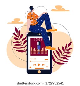 Concepto Vector Plano de podcast con niñas y teléfono.Ilustración de grabación digital en Internet, transmisión en línea.Seminario web, formación en línea, concepto de podcasts. Mujer joven escucha música