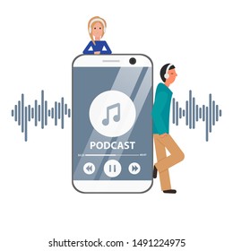 Vector Flat Concept of Podcast with Guys and Phone. Girl and Man are Next to Smartphone, Listening Pod Cast, Webinar. Illustration of Internet Digital Recording, Online Broadcasting, Online Training