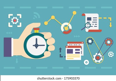 Concepto vectorial plano de procesos de negocios de medios sociales y marketing. Inicio, planificación empresarial y resultados - ilustración vectorial