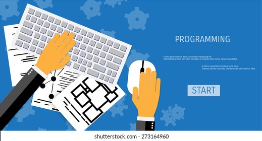 Vector flat concept of programming and coding. Network technology. Multimedia content and web sites hosting. Search engine optimization. Concepts for web banners and promotional materials.