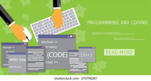 Vector flat concept of programming and coding. Network technology. Multimedia content and web sites hosting. Search engine optimization. Concepts for web banners and promotional materials.