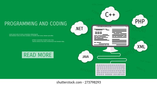 Vector flat concept of programming and coding. Network technology. Multimedia content and web sites hosting. Search engine optimization. Concepts for web banners and promotional materials.