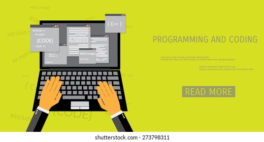 Vector flat concept of programming and coding. Network technology. Multimedia content and web sites hosting. Search engine optimization. Concepts for web banners and promotional materials.