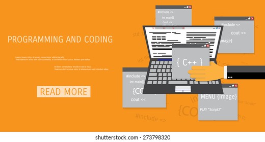 Vector flat concept of programming and coding. Network technology. Multimedia content and web sites hosting. Search engine optimization. Concepts for web banners and promotional materials.