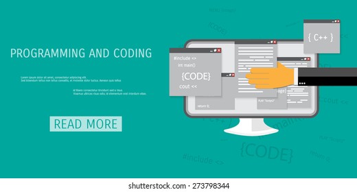 Vector flat concept of programming and coding. Network technology. Multimedia content and web sites hosting. Search engine optimization. Concepts for web banners and promotional materials.
