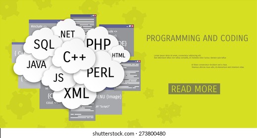 Vector flat concept of programming and coding. Network technology. Multimedia content and web sites hosting. Search engine optimization. Concepts for web banners and promotional materials.